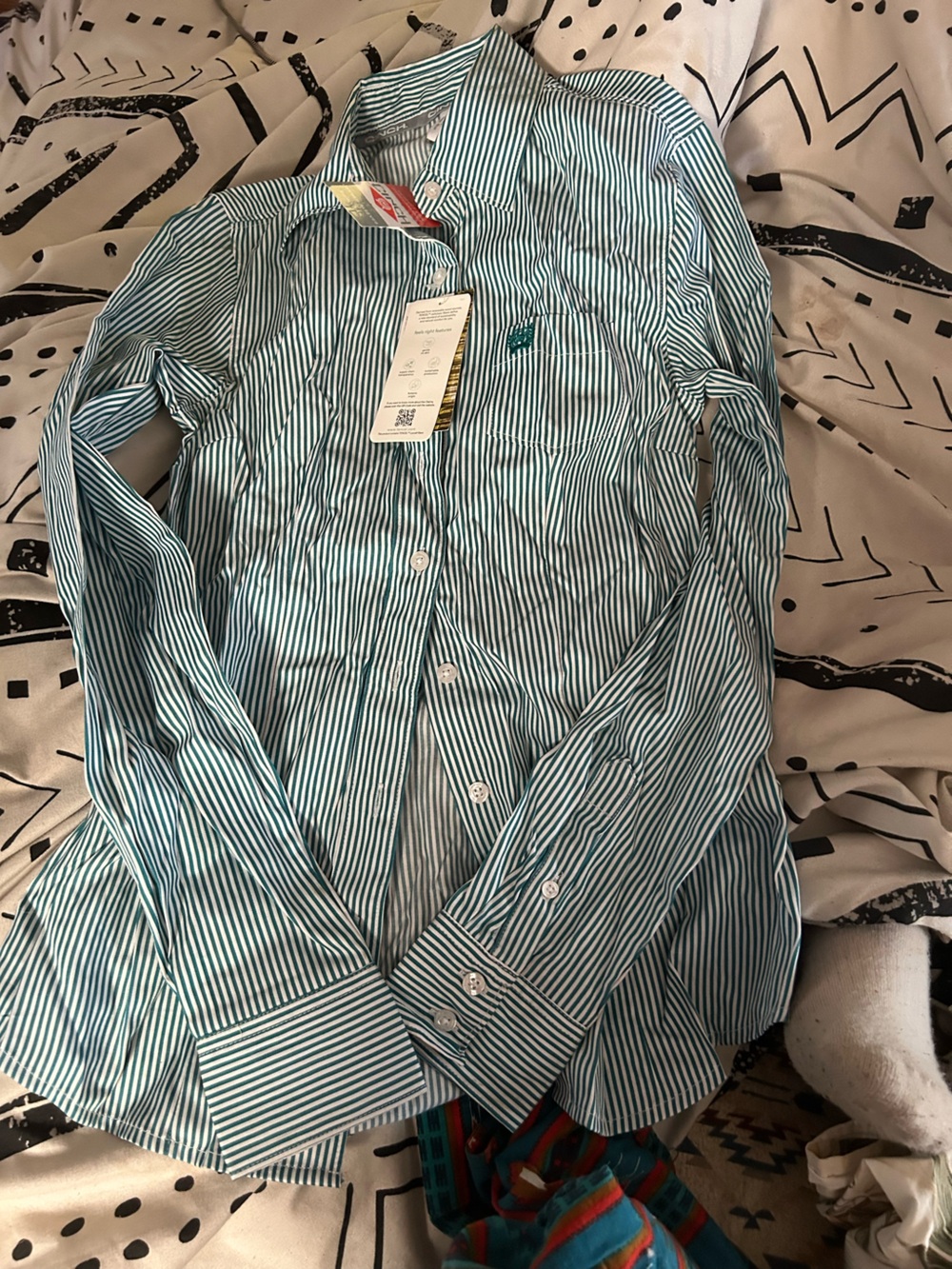 Cinch Teal and White Striped Button-Down Shirt